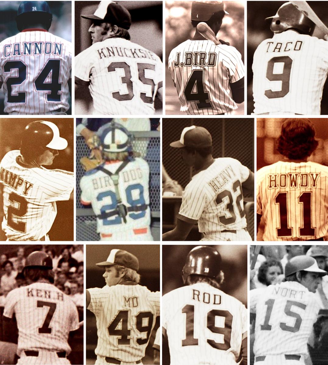 The 1976 Braves and their nickNOBs. Top row, right to left: Jimmy Wynn, "Cannon"; Phil Niekro, "Knucksie"; Jerry Royster, "J.Bird"; Marty Perez, "Taco." Middle row, right to left: Tom Paciorek, "Wimpy"; Vic Correll, "Bird Dog"; Earl Williams, "Heavy"; Darrell Evans, "Howdy." Bottom row, left to right: Ken Henderson, "Ken H"; Carl Morton, "Mo"; Rod Gilbreath, "Rod"; Darrel Chaney, "Nort"